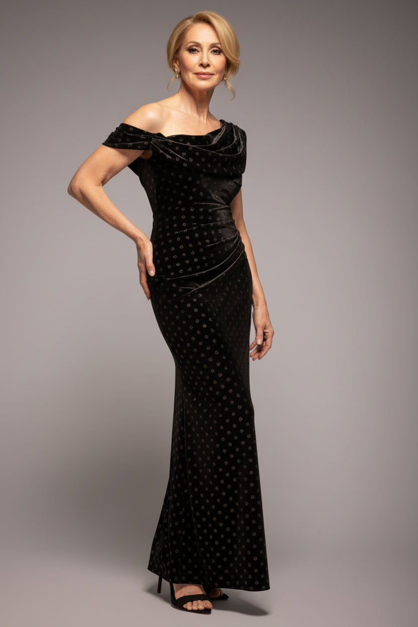 Glitter Velvet Cowl Neck Off The Shoulder Maxi Dress - Black DR4696M