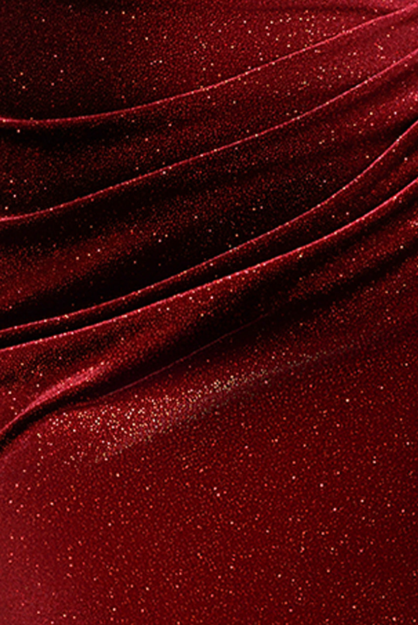 Glitter Velvet Cowl Neck Off The Shoulder Maxi Dress - Wine DR4696M