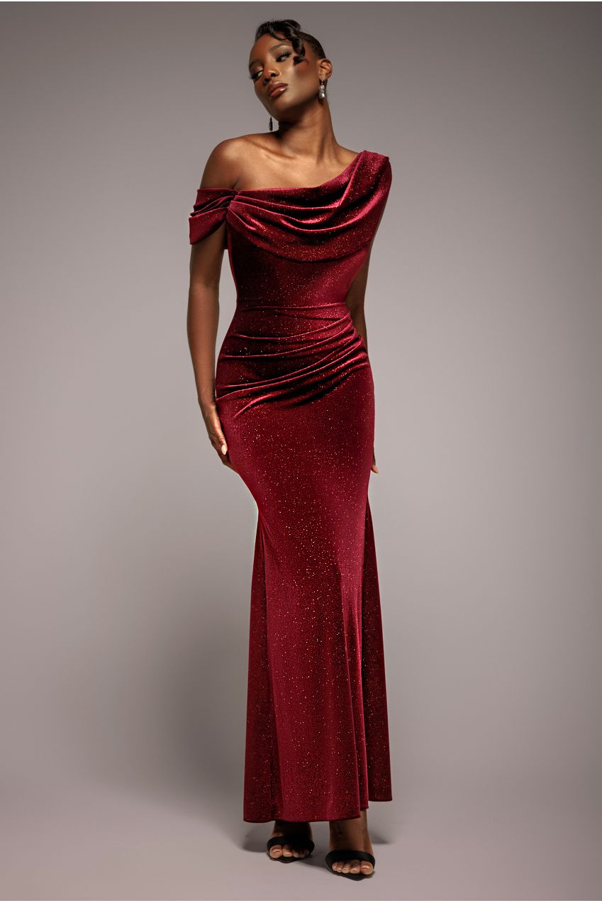 Glitter Velvet Cowl Neck Off The Shoulder Maxi Dress - Wine DR4696
