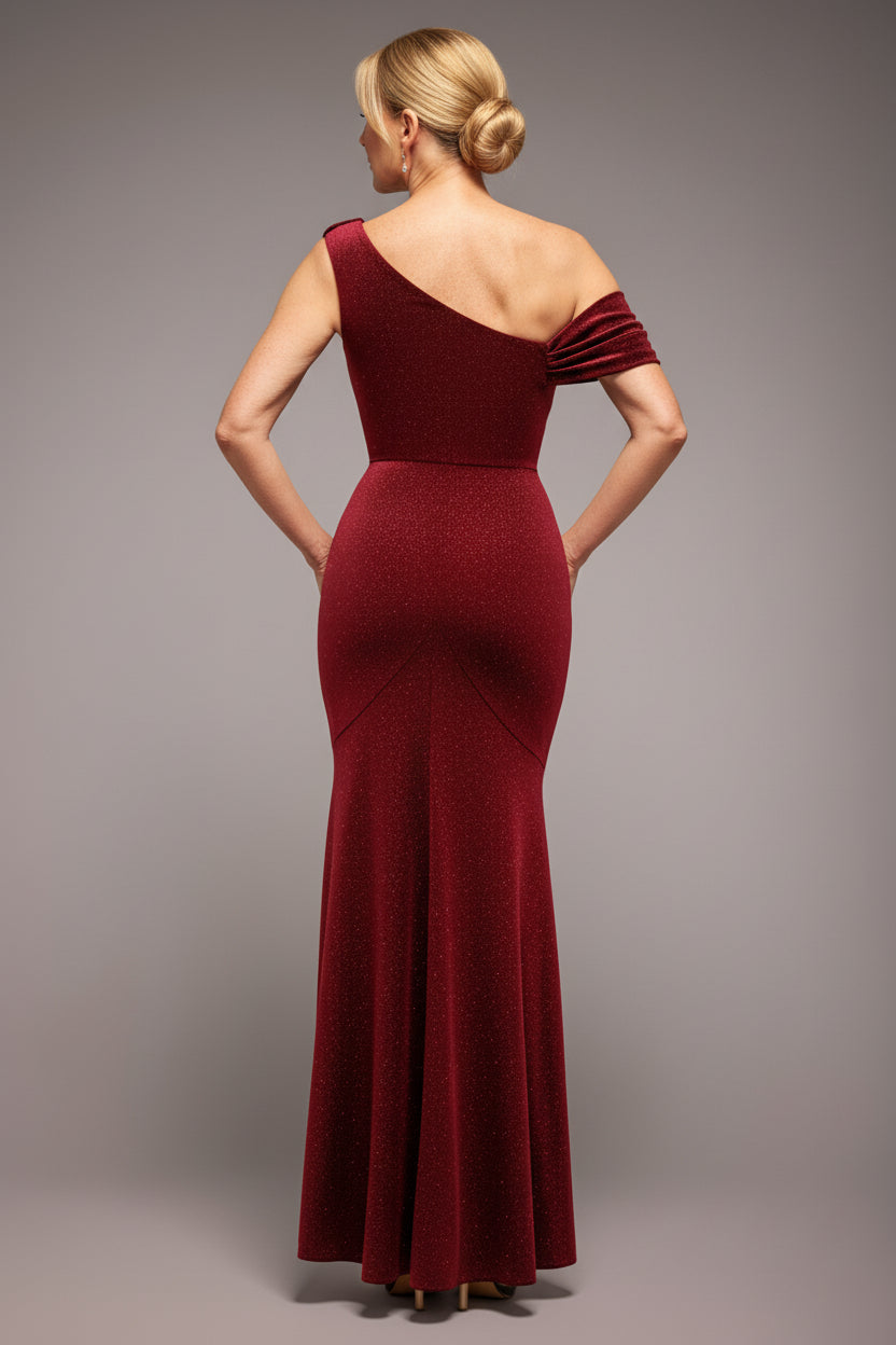 Glitter Velvet Cowl Neck Off The Shoulder Maxi Dress - Wine DR4696M