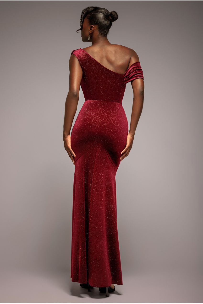 Glitter Velvet Cowl Neck Off The Shoulder Maxi Dress - Wine DR4696