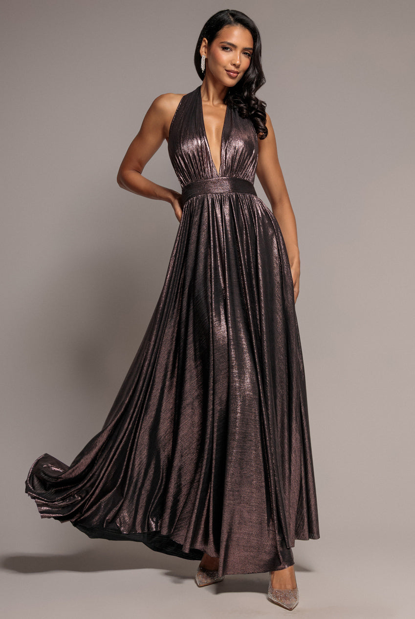 Sunrise Foil Halterneck A-Line Maxi Dress - Bronze DR4697