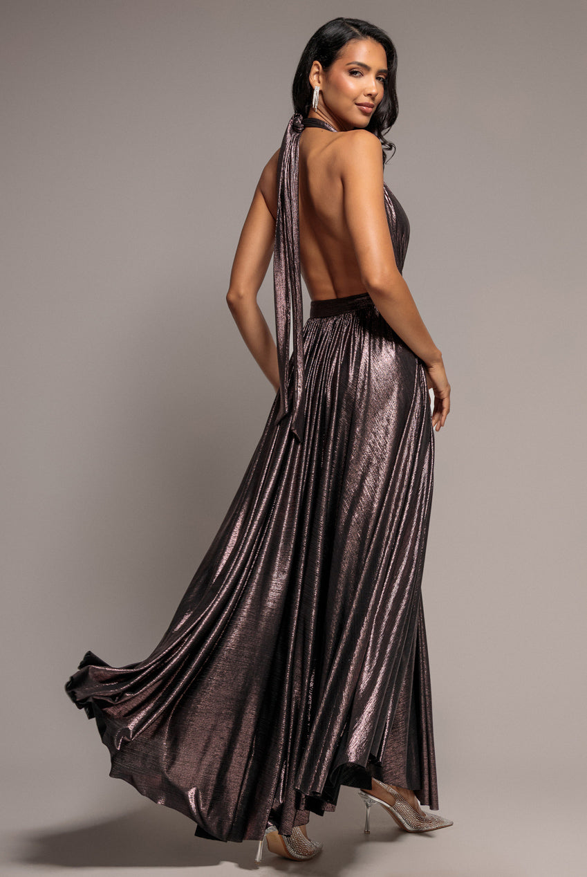 Sunrise Foil Halterneck A-Line Maxi Dress - Bronze DR4697