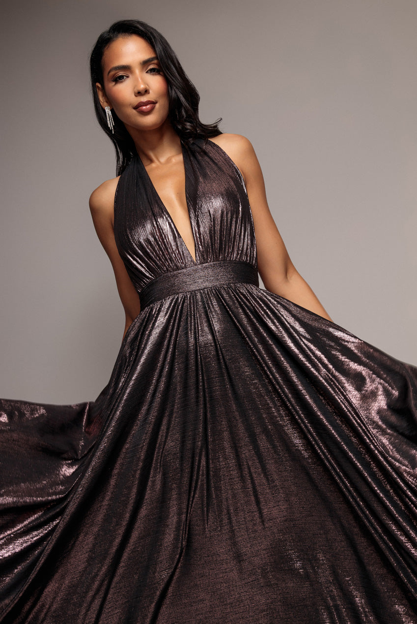 Sunrise Foil Halterneck A-Line Maxi Dress - Bronze DR4697