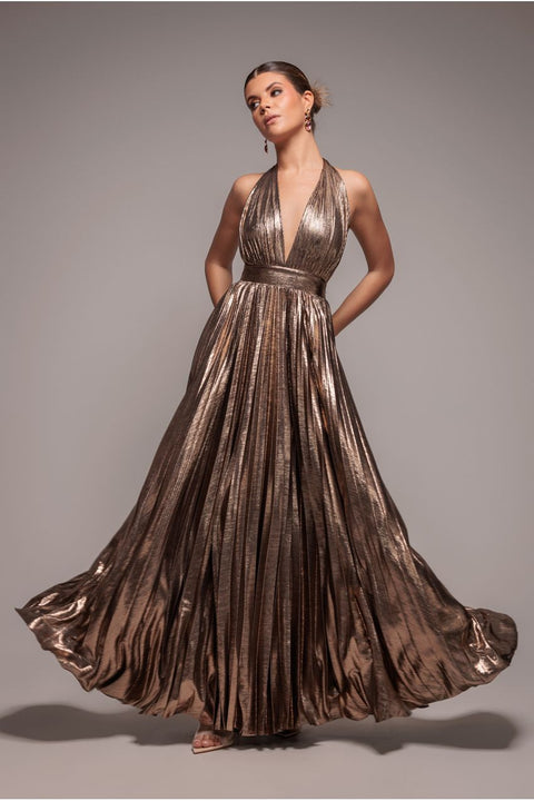 Sunrise Foil Halterneck A-Line Maxi Dress - Bronze by Goddiva