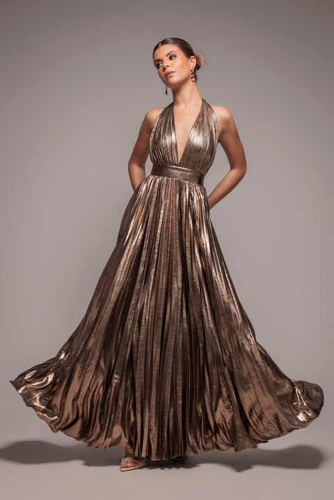 Sunrise Foil Halterneck A-Line Maxi Dress - Gold by Goddiva