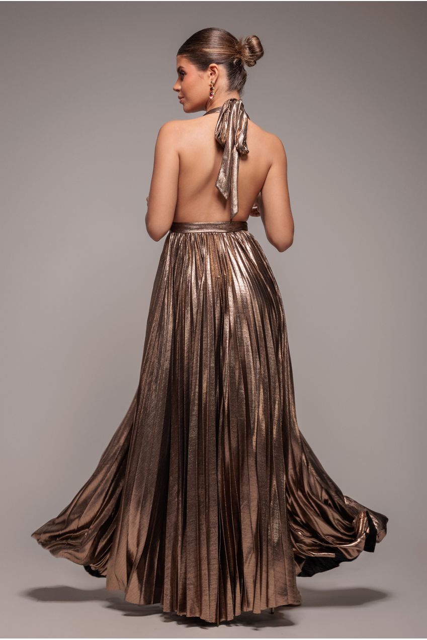 Sunrise Foil Halterneck A-Line Maxi Dress - Bronze DR4697