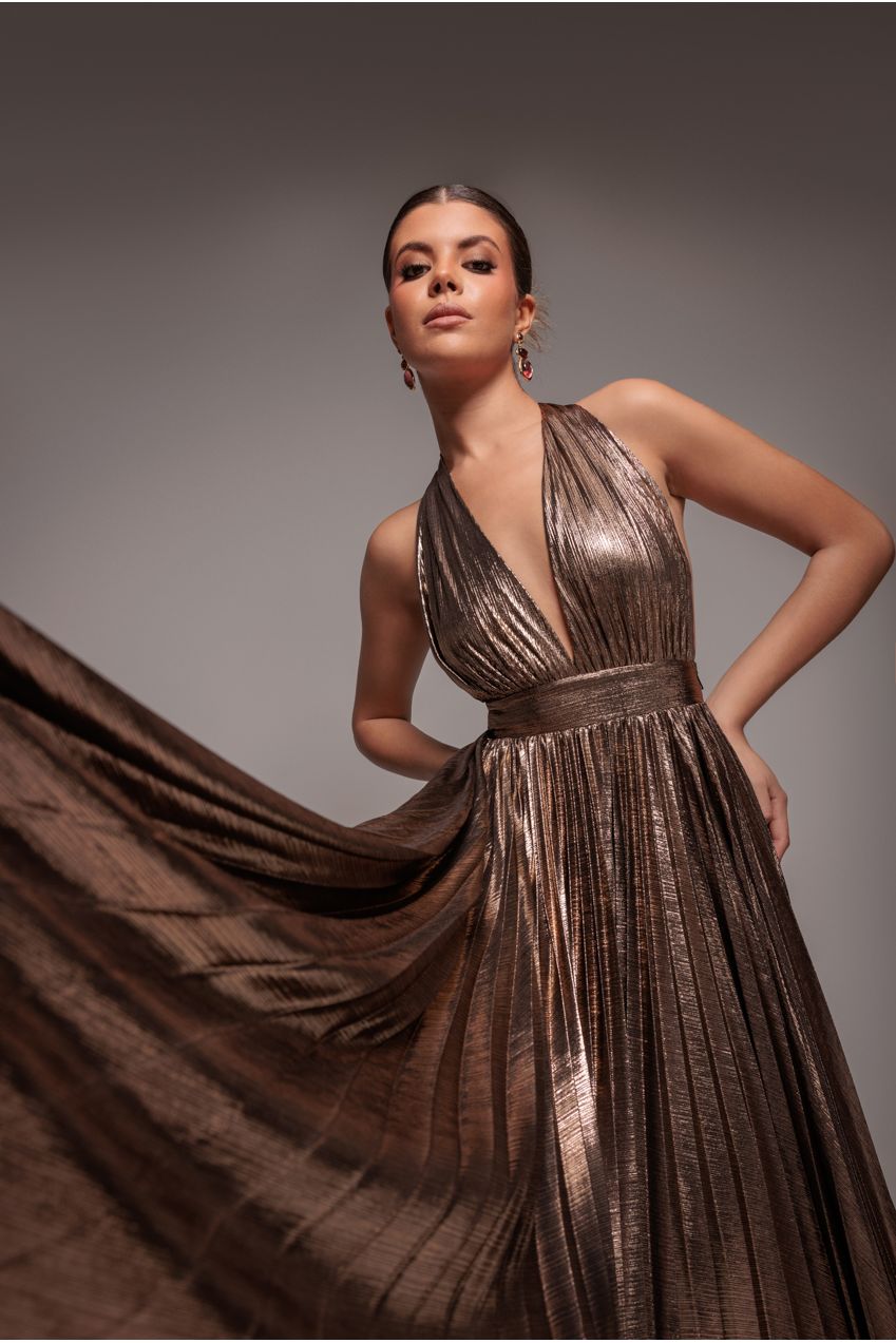 Sunrise Foil Halterneck A-Line Maxi Dress - Bronze DR4697
