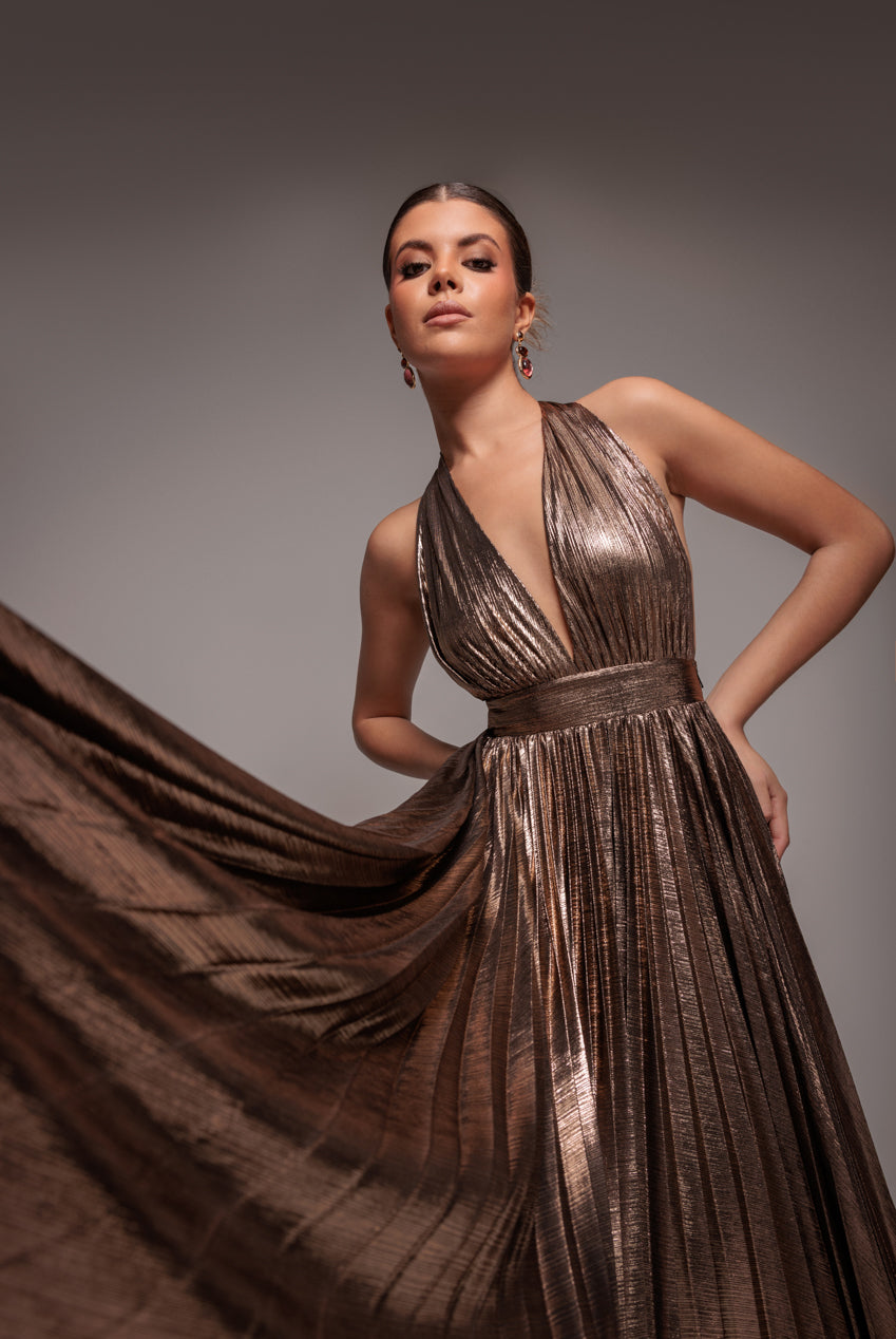 Sunrise Foil Halterneck A-Line Maxi Dress - Bronze DR4697