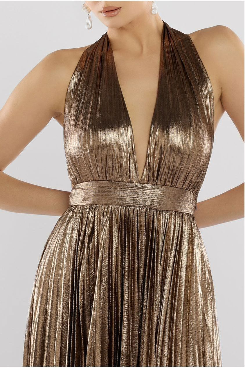 Sunrise Foil Halterneck A-Line Maxi Dress - Bronze DR4697