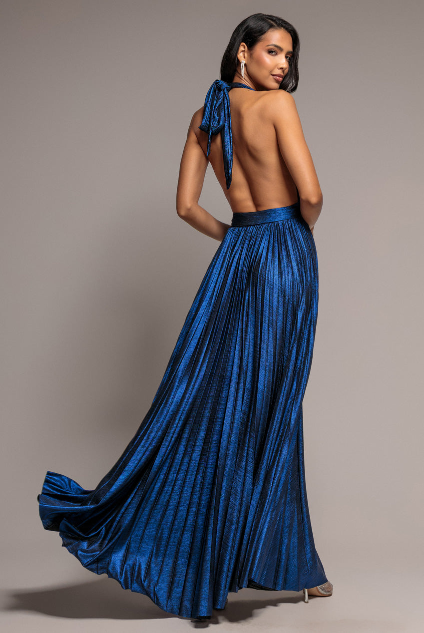 Open Back Sunrise Foil Halterneck A Line Maxi Dress - Navy Blue DR4697