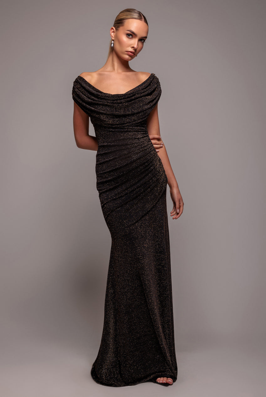 Sparkle Lurex Cowl Neck Off The Shoulder Maxi Dress - Black Gold DR4699
