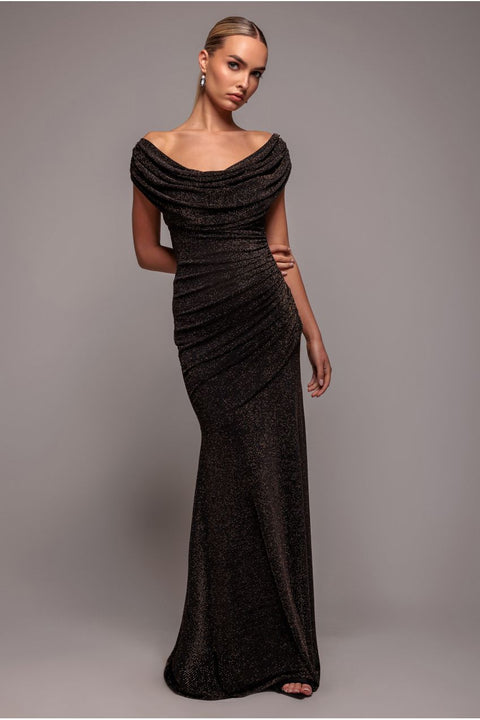 Sparkle Lurex Cowl Neck Off The Shoulder Maxi Dress - Black Gold by Goddiva