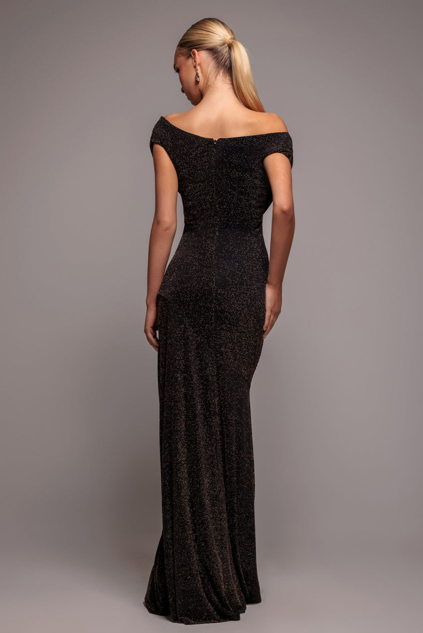 Sparkle Lurex Cowl Neck Off The Shoulder Maxi Dress - Black Gold DR4699