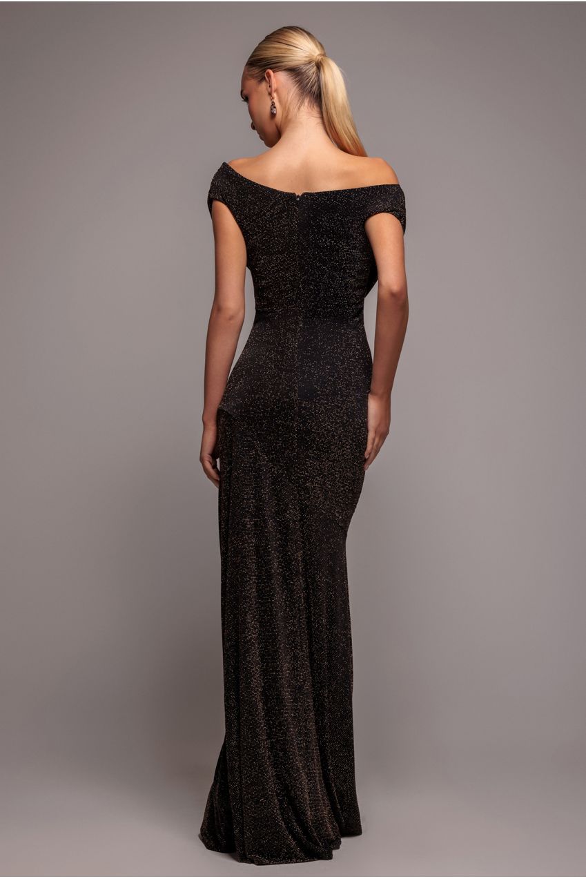 Sparkle Lurex Cowl Neck Off The Shoulder Maxi Dress - Black Gold DR4699