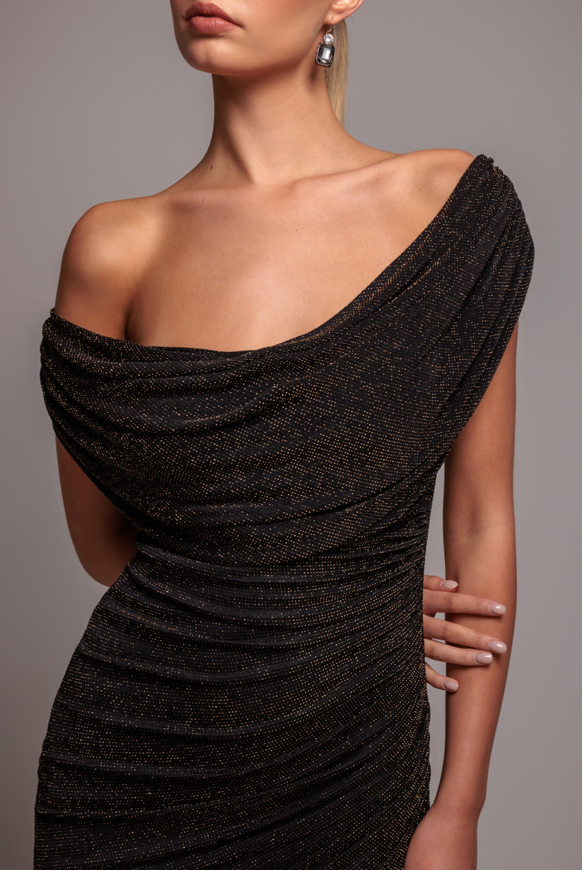 Sparkle Lurex Cowl Neck Off The Shoulder Maxi Dress - Black Gold DR4699