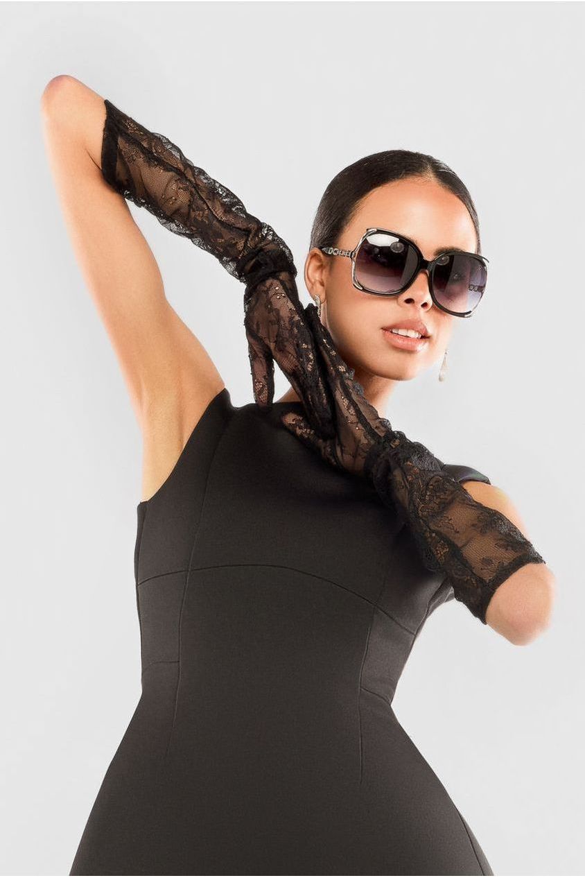 Boatneck Mini With Lace A-Line Skirt & Gloves - Black LOOK13