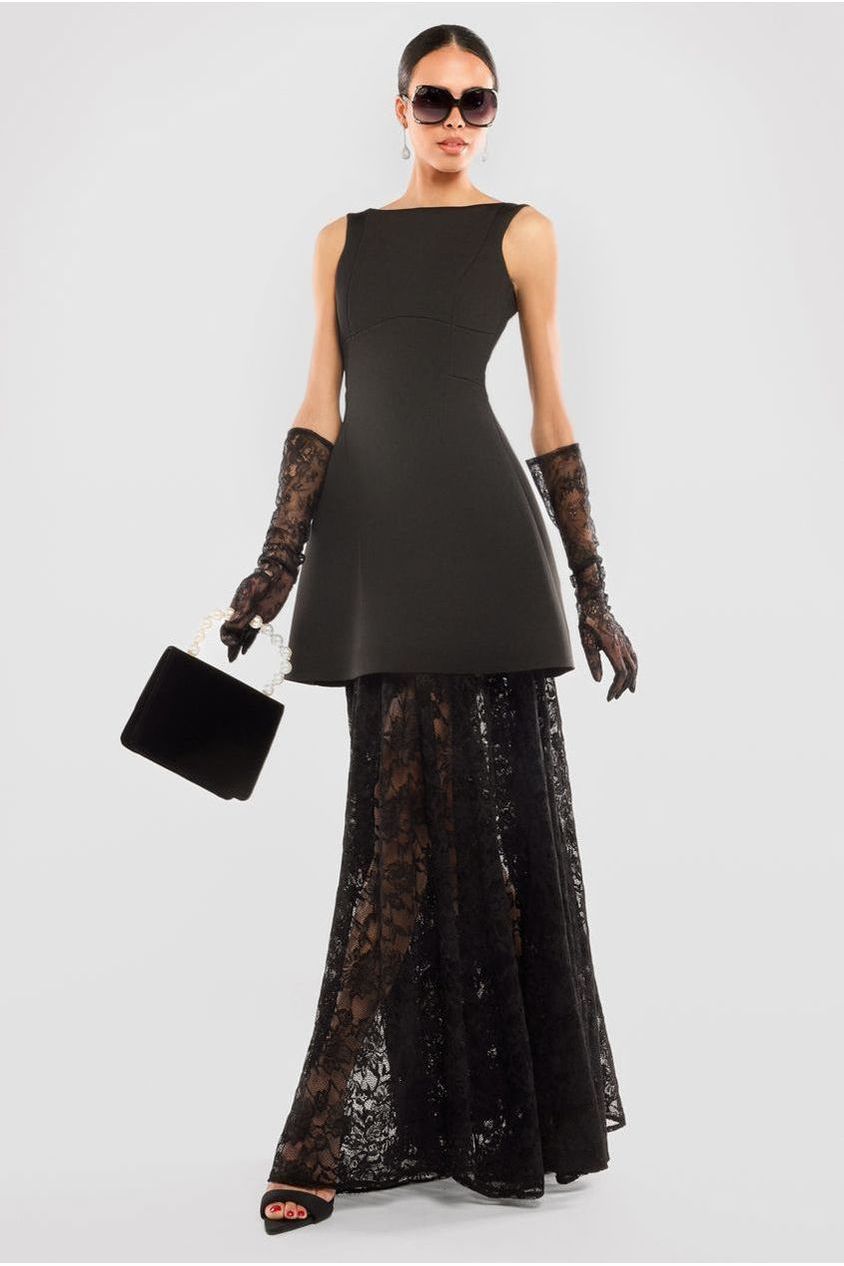 Boatneck Mini With Lace A-Line Skirt & Gloves - Black LOOK13