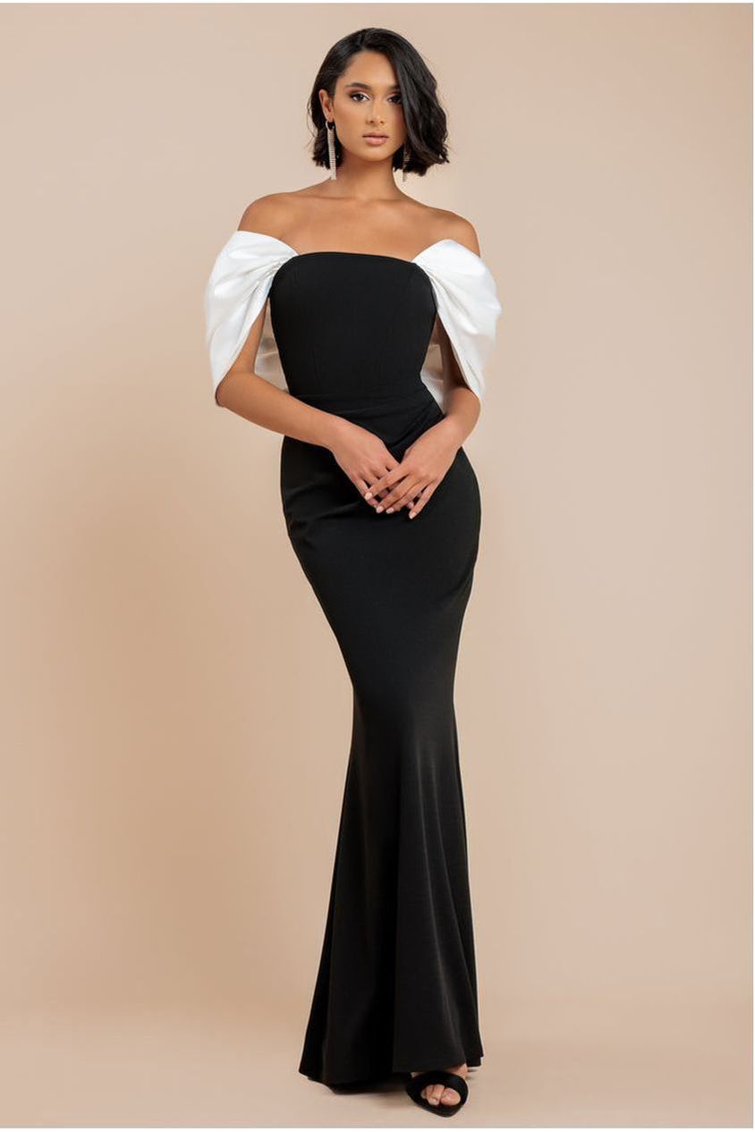 Contrast Off Shoulder Back Satin Bow Scuba Maxi Dress - Black Cream DR4708CONTRAST