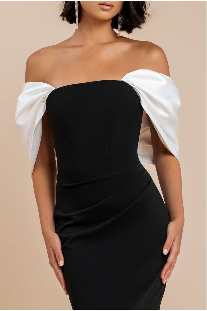 Contrast Off Shoulder Back Satin Bow Scuba Maxi Dress - Black Cream DR4708CONTRAST