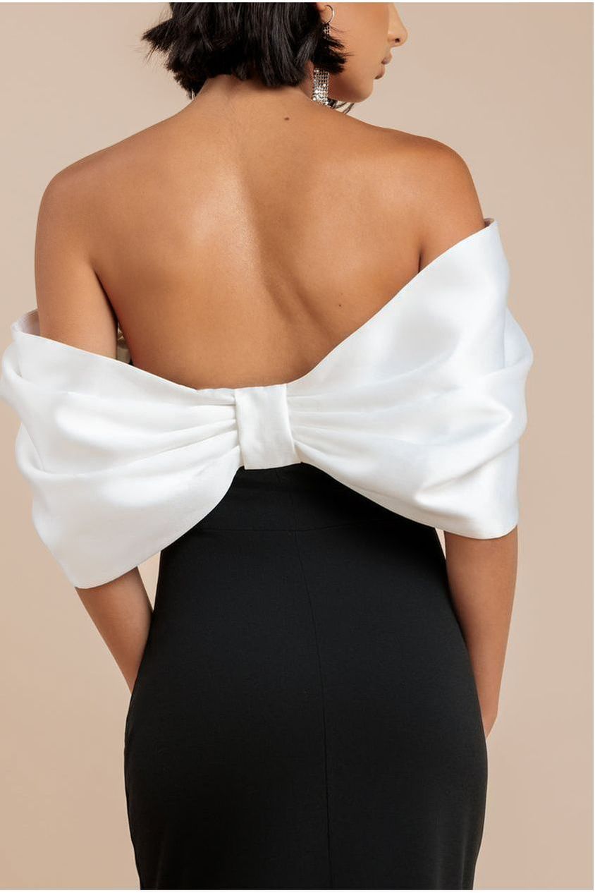 Contrast Off Shoulder Back Satin Bow Scuba Maxi Dress - Black Cream DR4708CONTRAST