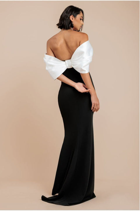 Contrast Off Shoulder Back Satin Bow Scuba Maxi Dress - Black Cream by Goddiva