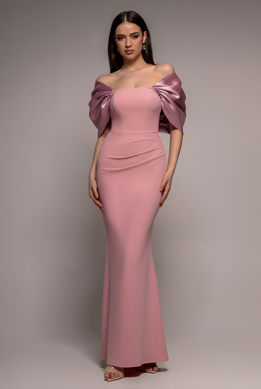 Off Shoulder Back Satin Bow Scuba Maxi Dress - Blush Pink DR4708