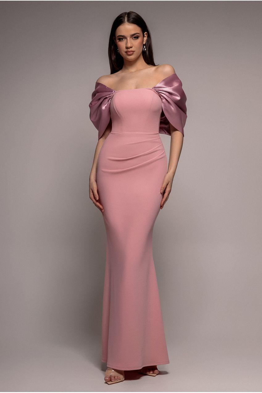 Off Shoulder Back Satin Bow Scuba Maxi Dress - Blush Pink DR4708