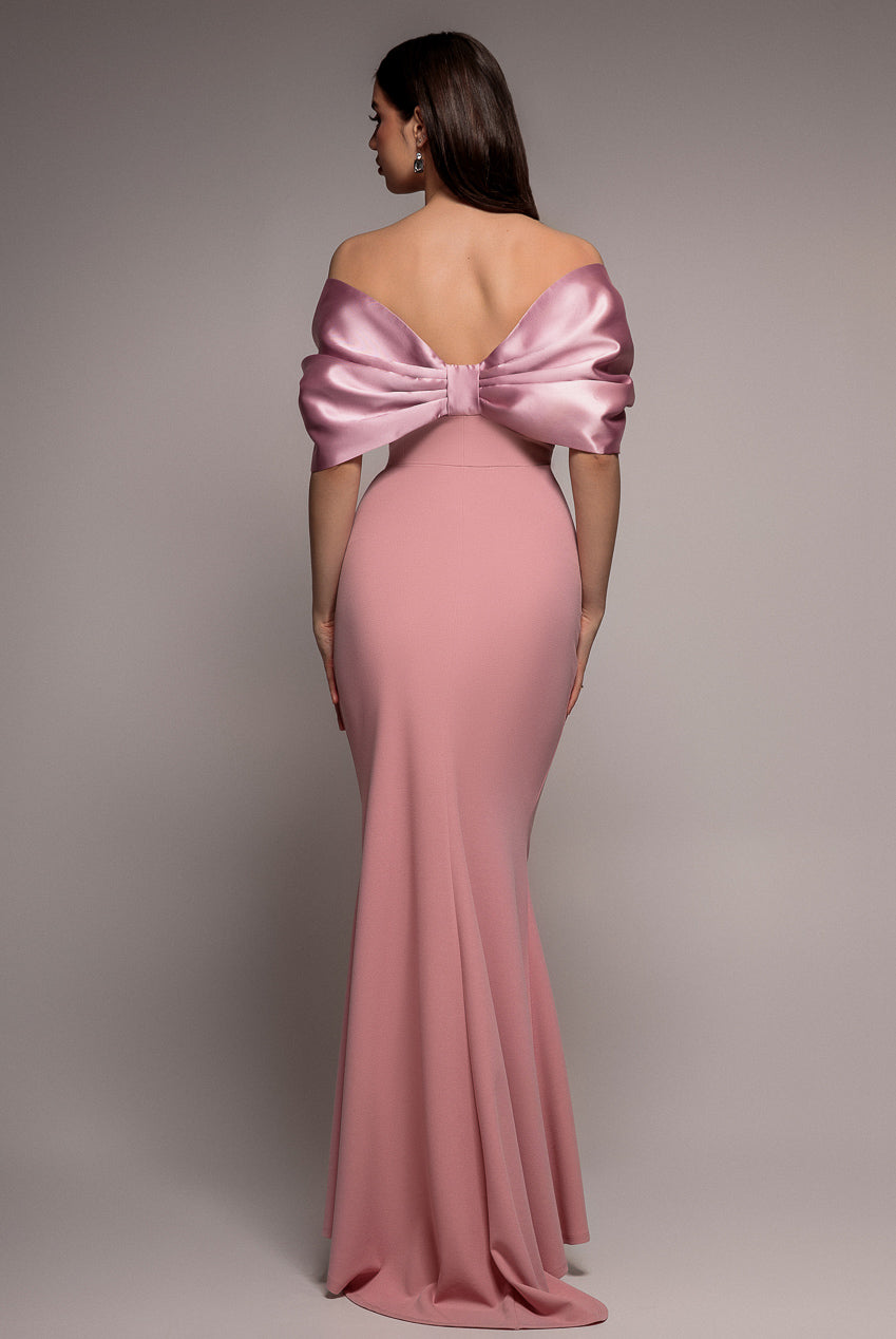 Off Shoulder Back Satin Bow Scuba Maxi Dress - Blush Pink DR4708