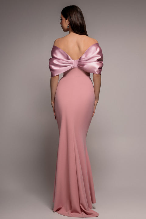 Off Shoulder Back Satin Bow Scuba Maxi Dress - Blush Pink by Goddiva