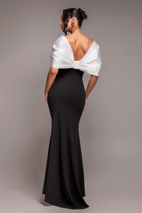 Contrast Off Shoulder Back Satin Bow Scuba Maxi Dress - Black Cream by Goddiva