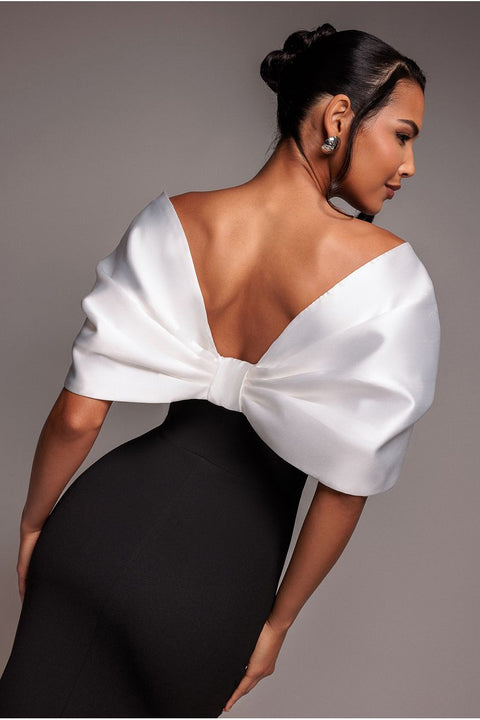 Contrast Off Shoulder Back Satin Bow Scuba Maxi Dress - Black Cream by Goddiva