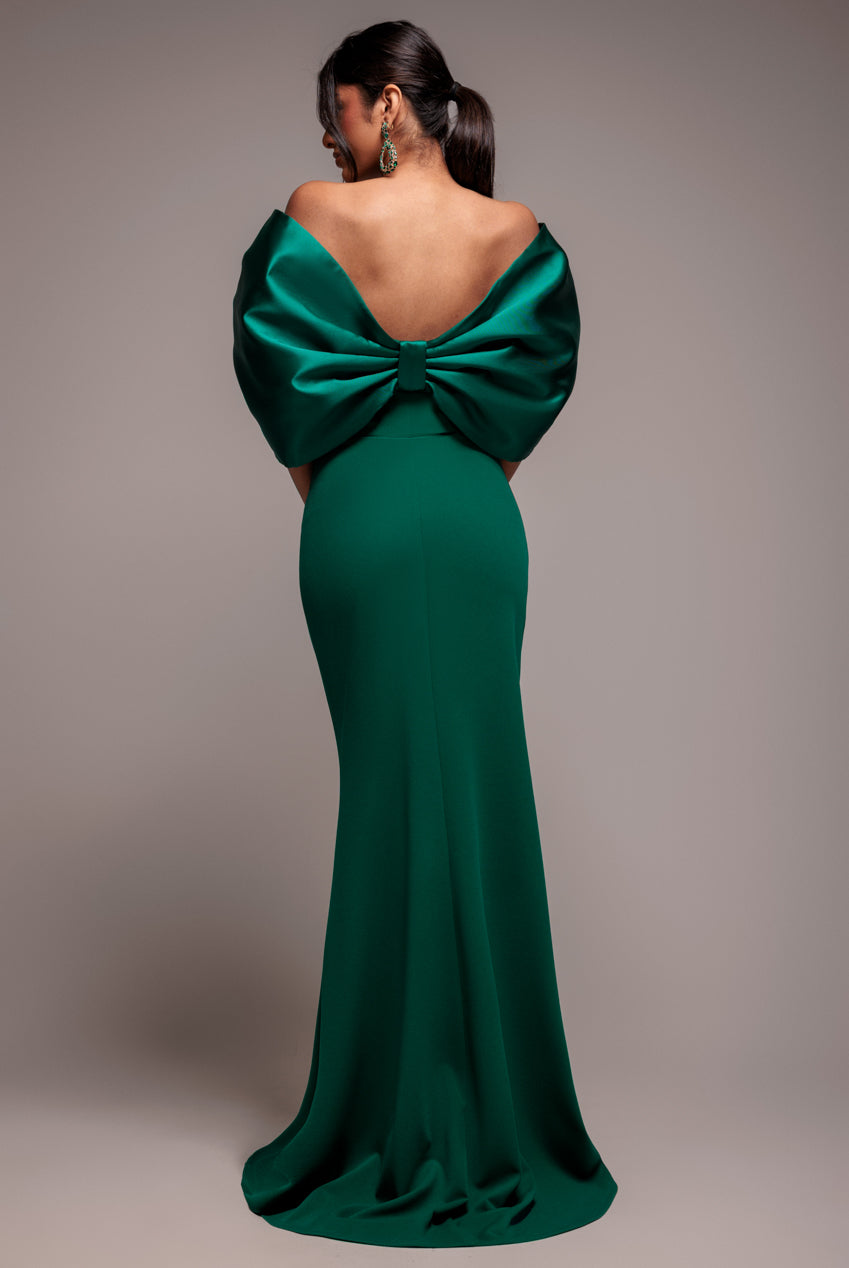 Off Shoulder Back Satin Bow Scuba Maxi Dress - Emerald Green DR4708