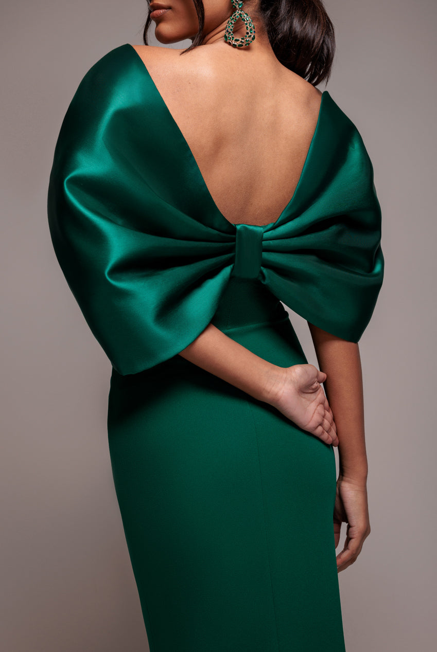Off Shoulder Back Satin Bow Scuba Maxi Dress - Emerald Green DR4708