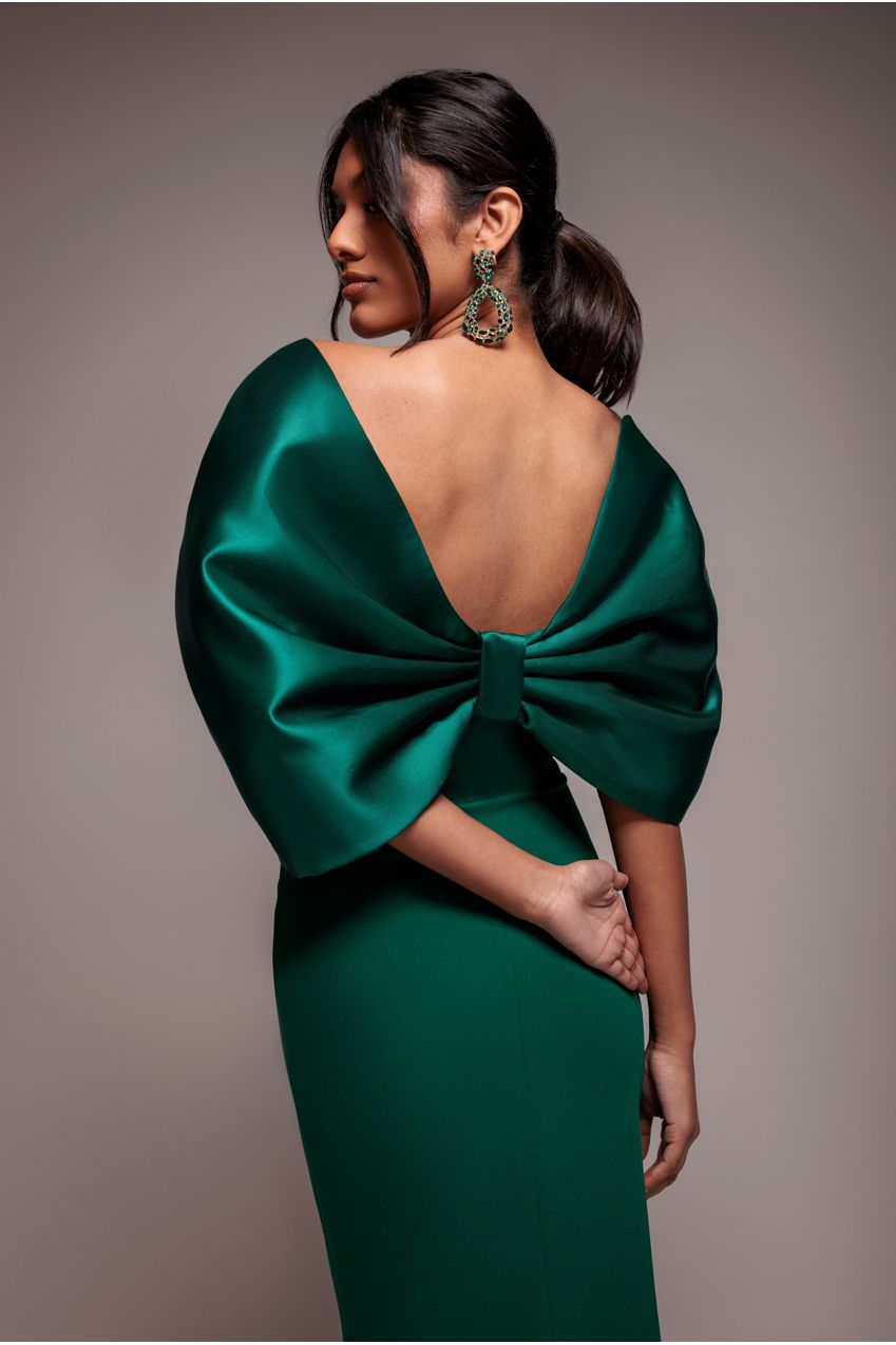 Off Shoulder Back Satin Bow Scuba Maxi Dress - Emerald Green | Goddiva Off Shoulder Back Satin Bow Scuba Maxi Dress - Emerald Green | Goddiva
