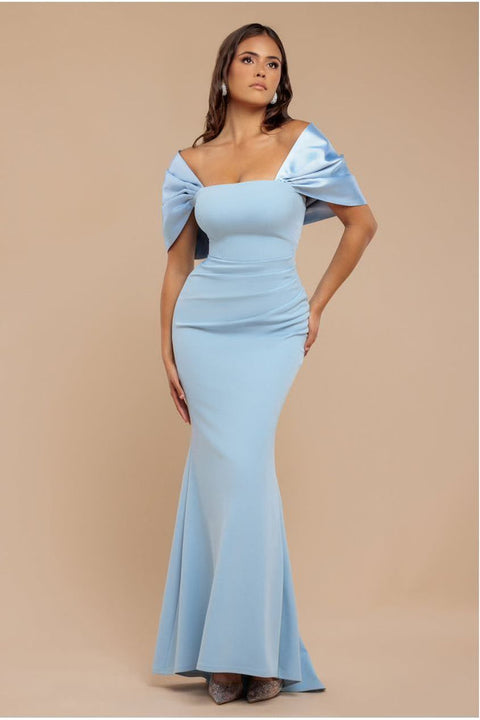 Off Shoulder Back Satin Bow Scuba Maxi Dress - Light Blue by Goddiva