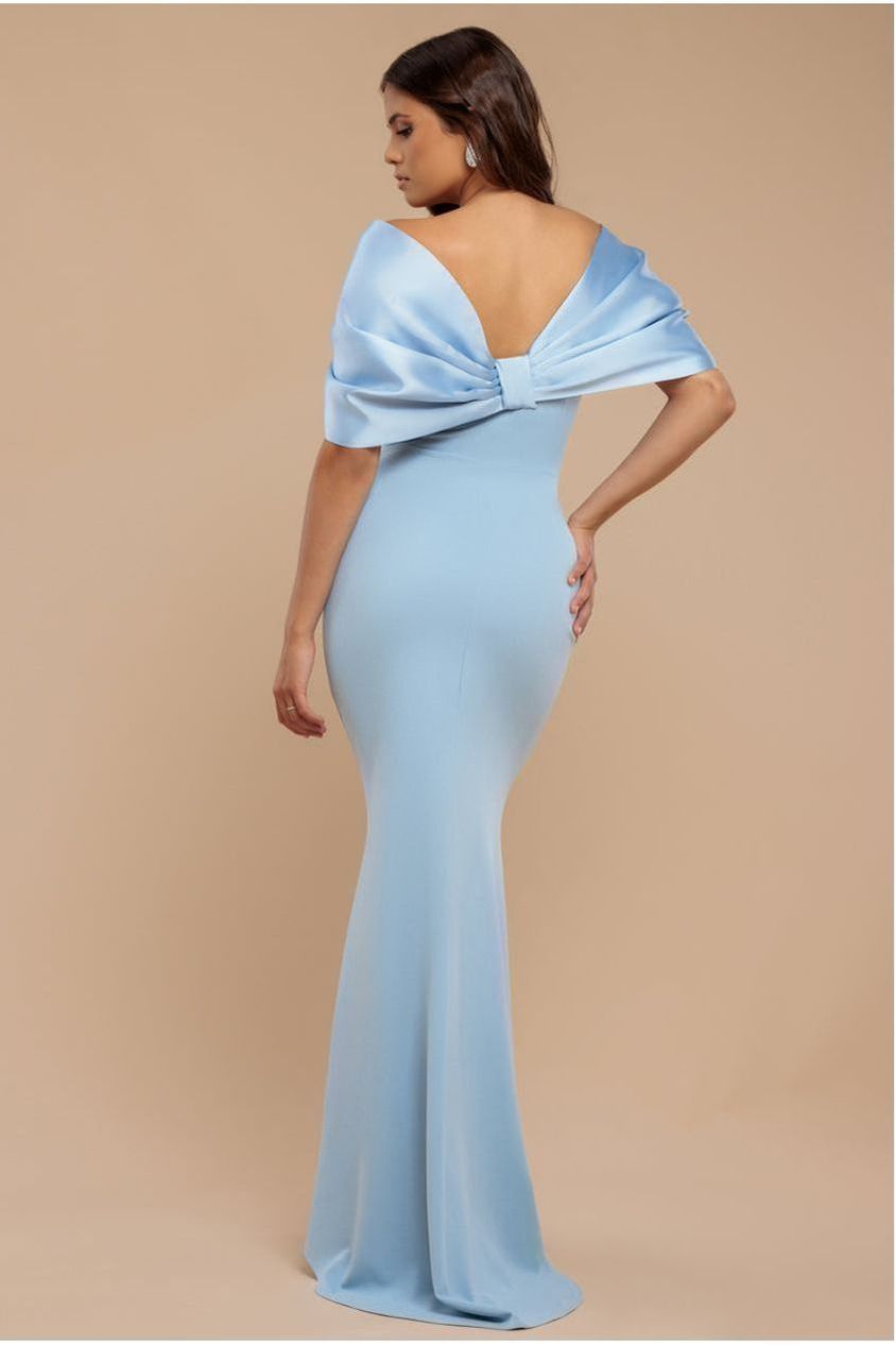 Off Shoulder Back Satin Bow Scuba Maxi Dress - Light Blue DR4708