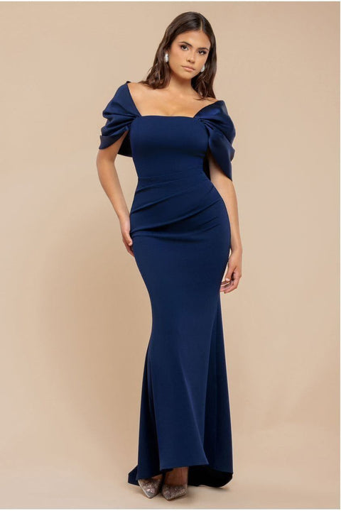 Off Shoulder Back Satin Bow Scuba Maxi Dress - Navy Blue by Goddiva