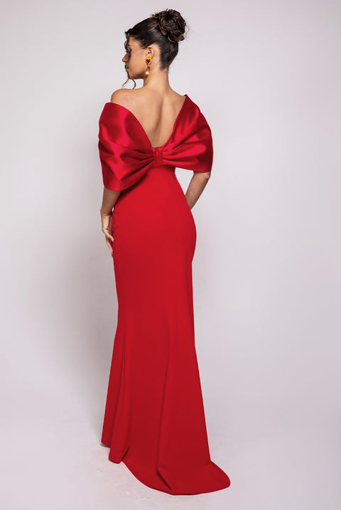 Off Shoulder Back Satin Bow Scuba Maxi Dress - Red by Goddiva