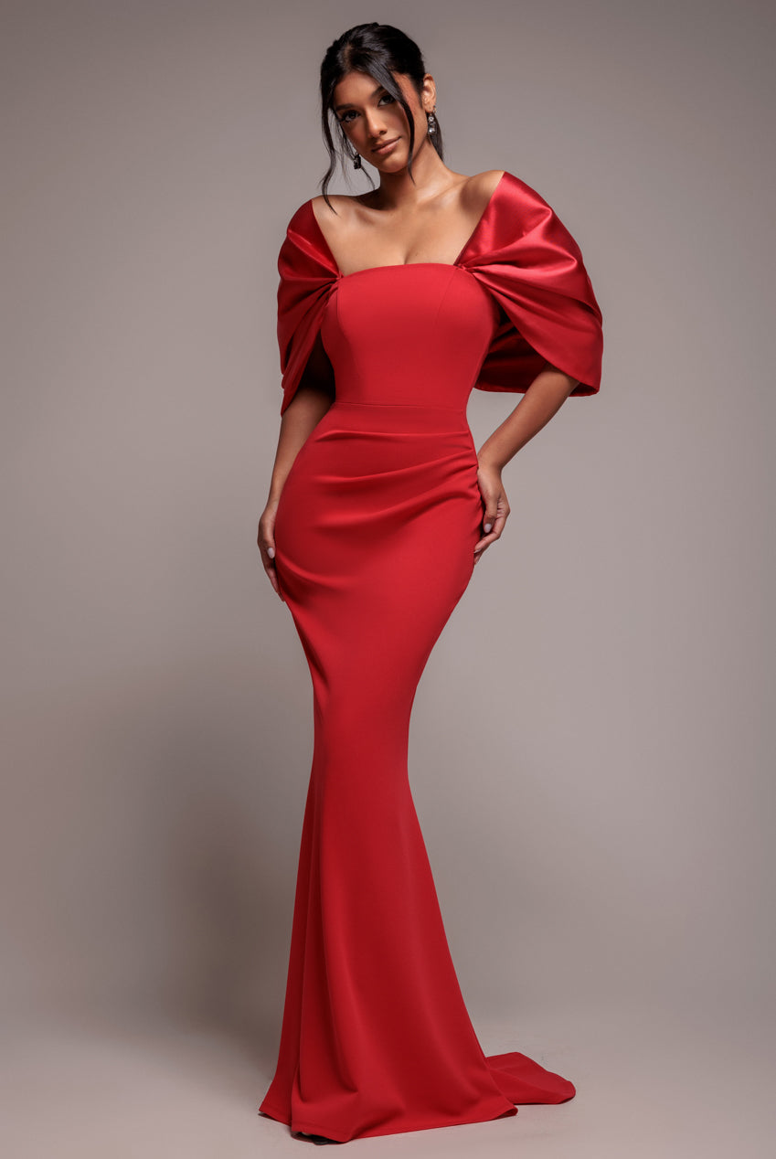 Off Shoulder Back Satin Bow Scuba Maxi Dress - Red DR4708