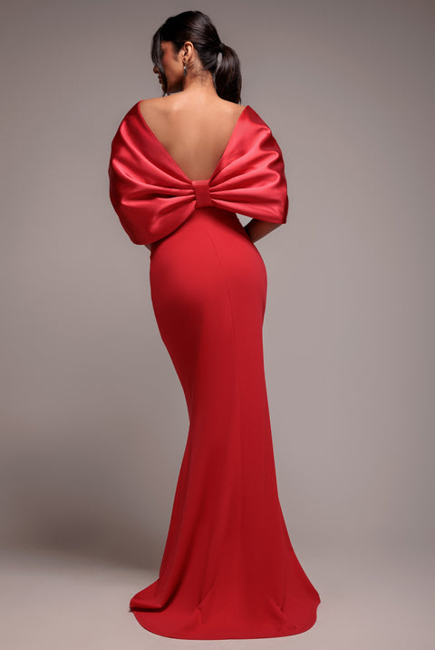 Off Shoulder Back Satin Bow Scuba Maxi Dress - Red by Goddiva