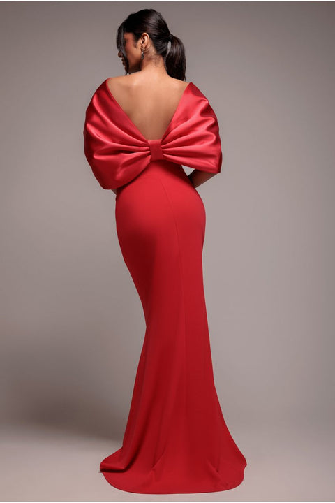 Off Shoulder Back Satin Bow Scuba Maxi Dress - Red by Goddiva