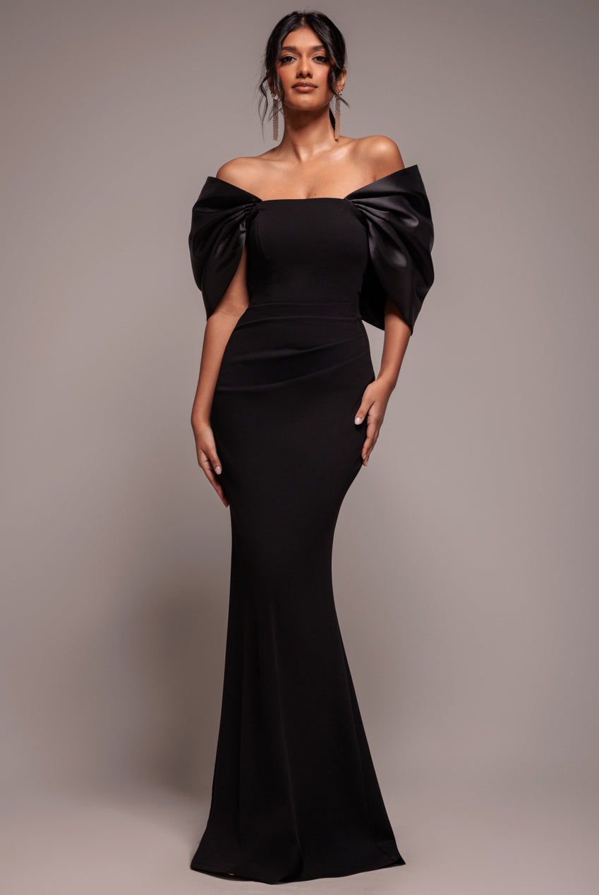 Off Shoulder Back Satin Bow Scuba Maxi Dress - Black DR4708