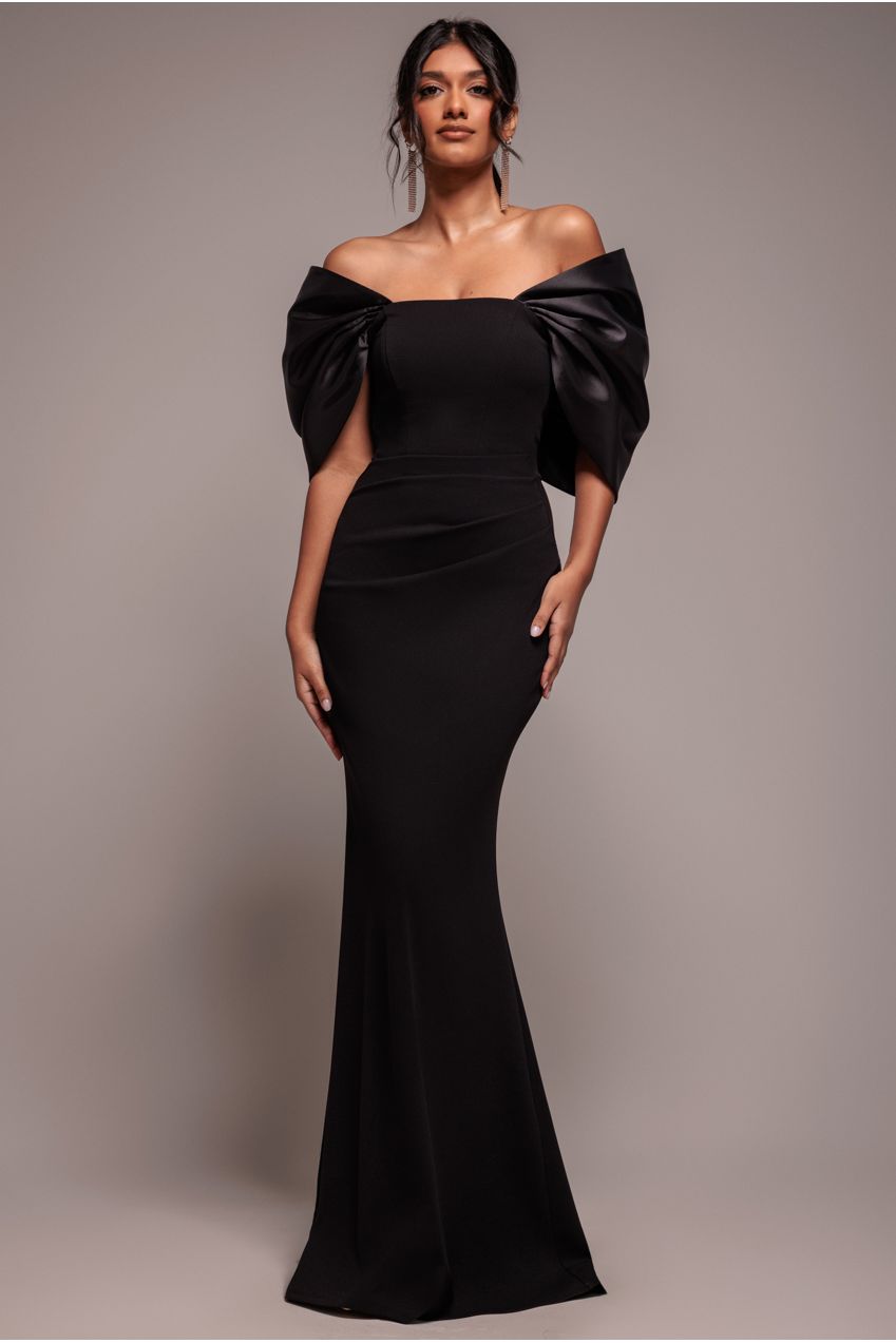 Off Shoulder Back Satin Bow Scuba Maxi Dress - Black DR4708