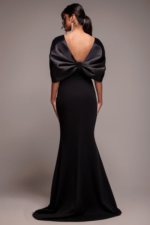 Off Shoulder Back Satin Bow Scuba Maxi Dress - Black by Goddiva