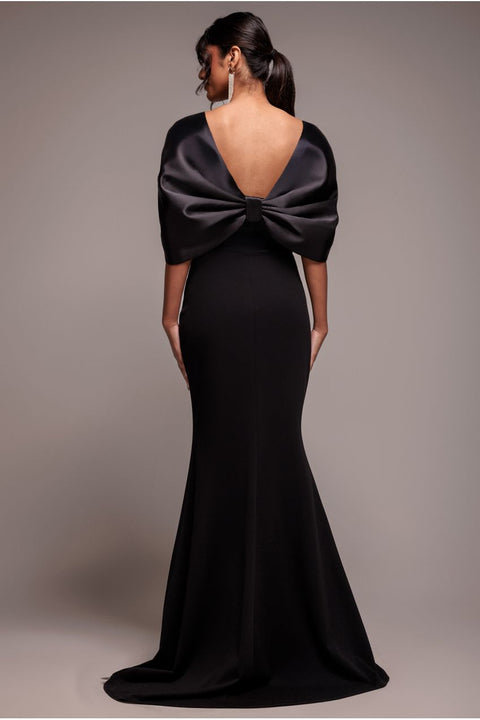 Off Shoulder Back Satin Bow Scuba Maxi Dress - Black by Goddiva