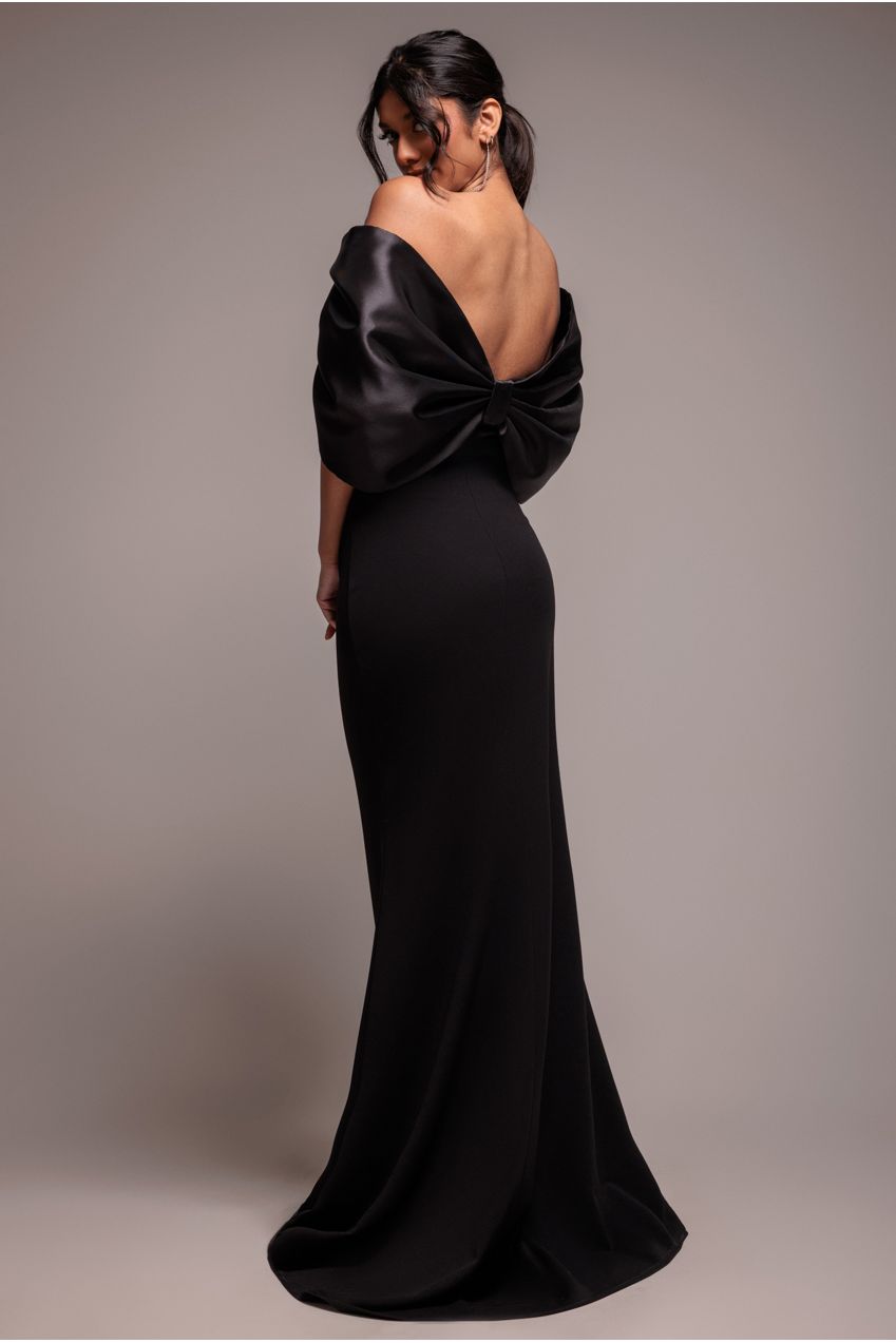 Off Shoulder Back Satin Bow Scuba Maxi Dress - Black DR4708