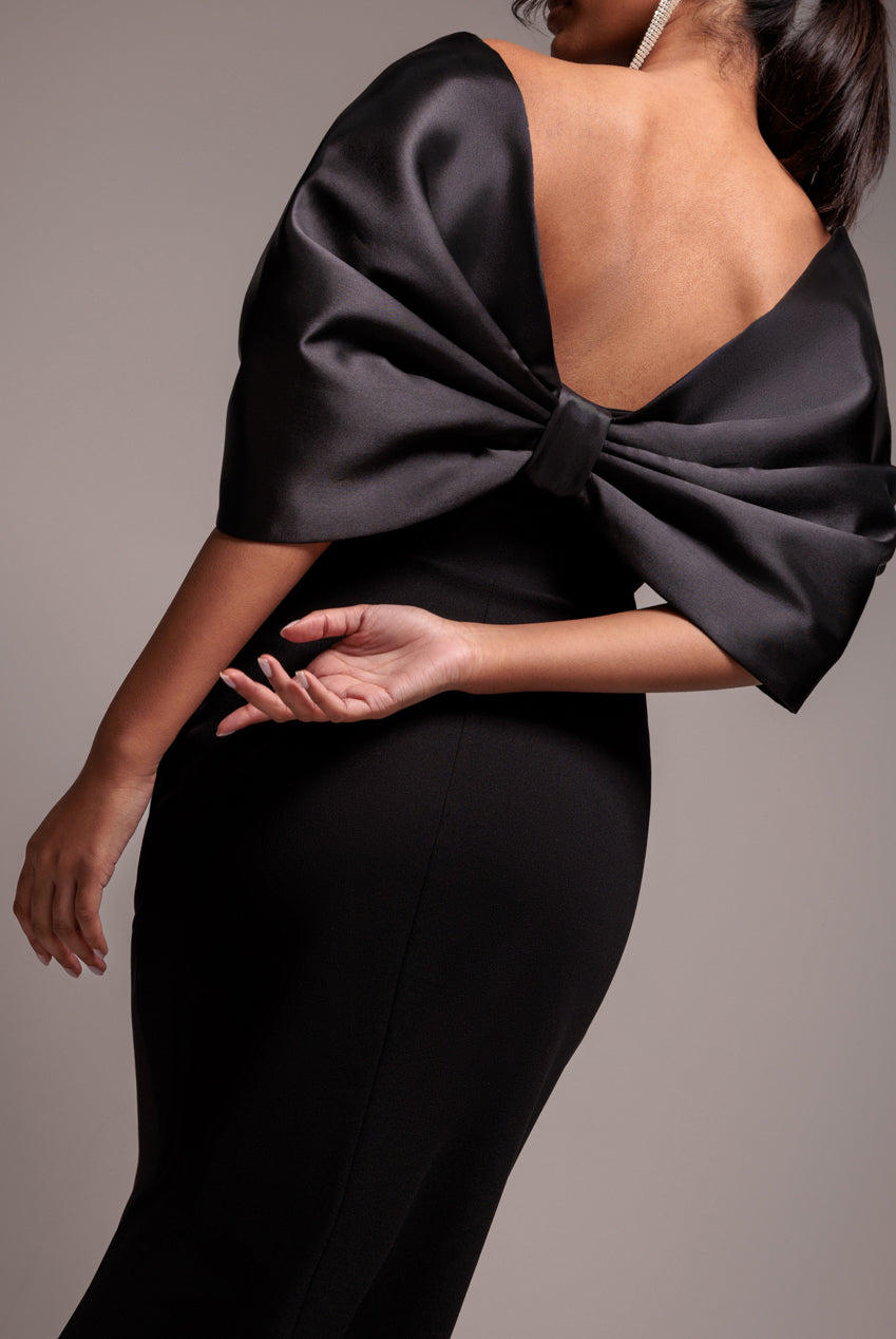 Off Shoulder Back Satin Bow Scuba Maxi Dress - Black DR4708
