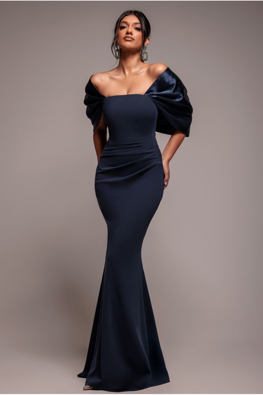 Off Shoulder Back Satin Bow Scuba Maxi Dress - Navy Blue DR4708