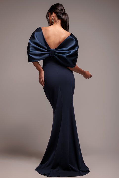 Off Shoulder Back Satin Bow Scuba Maxi Dress - Navy Blue by Goddiva